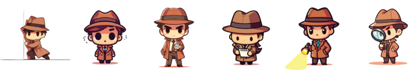 Chibi detective character set. Cute investigator icons with magnifying glass and notepad.