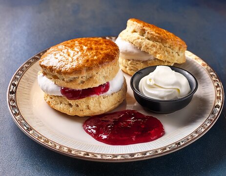 a freshly baked british scone with cream and red jam on a plate
