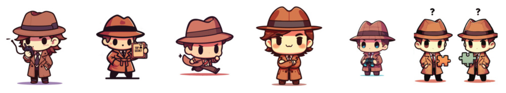 Chibi detective character set. Cute investigator icons with spy gear and mystery puzzles.