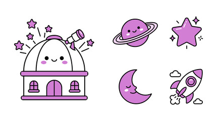 Observatory building with telescope and space elements including planet saturn crescent moon rocket ship and twinkling star. © SALEHA STOCK