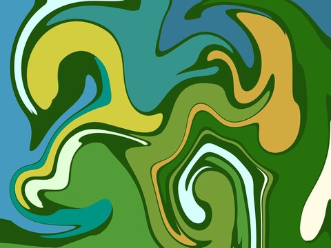 Abstract green, blue, and yellow liquid marble swirl pattern background art texture