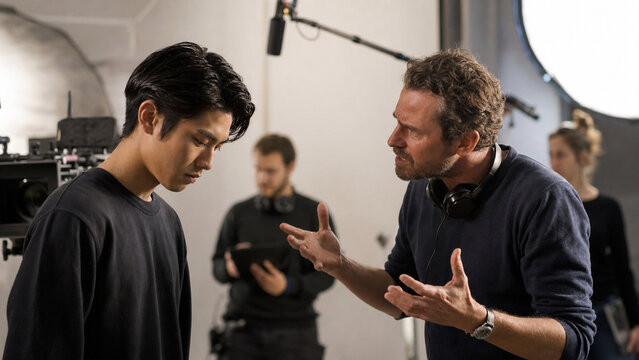 Asian Actor Receiving Frustrated Direction on Professional Film Set