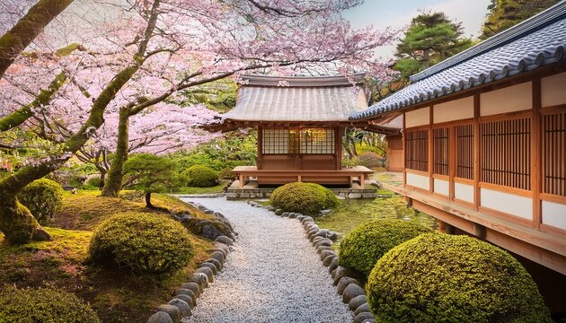 serene spring tea house tranquil japanese garden blooming cherry blossoms peaceful path