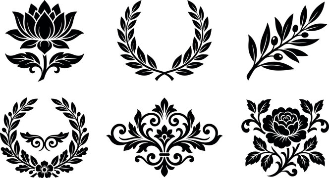 Floral ornaments vector set with laurel wreath lotus rose damask motif and olive branch isolated on white