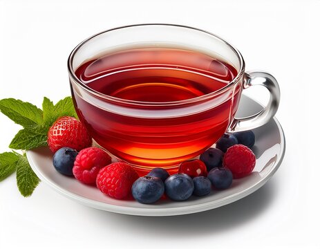 cup of hot tea with berries isolated on a white background