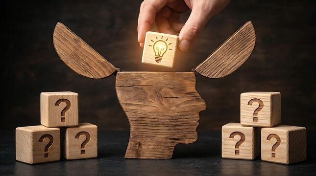 Hand placing glowing light bulb block on wooden head