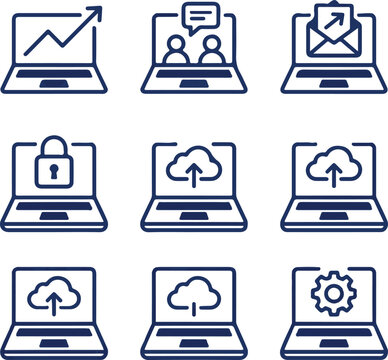 Set of laptop computer icons representing digital business processes including growth, communication, email, security, cloud computing, and settings
