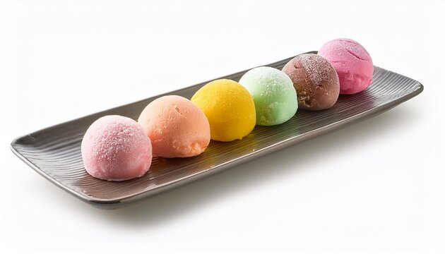 mochi ice cream in various flavor in long plate isolated on a white background