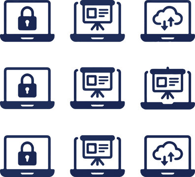 Set of laptop computer icons representing security, presentations, and cloud data synchronization