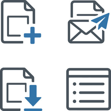 Set of document management icons including add, send, download, and list