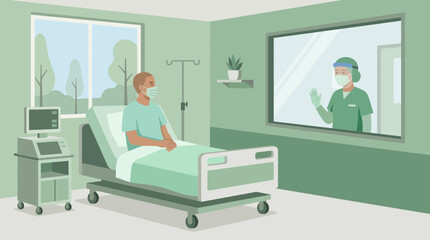 Obraz premium Patient wearing mask in hospital room, waving doctor through window