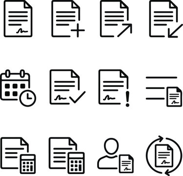 Set of business and document icons, including contracts, signatures, calendars, calculators, and file management symbols