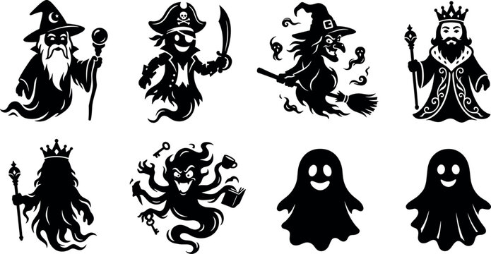 Spooky Halloween ghost silhouette vector set featuring wizard pirate witch king and monster phantoms on white