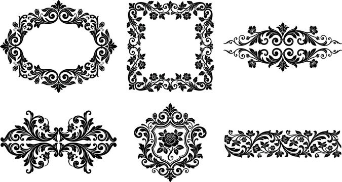 Vintage damask floral frame ornament vector set featuring elegant baroque borders dividers and rose crest emblems