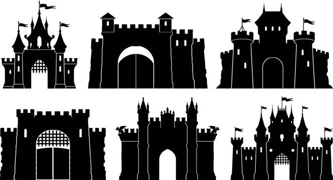Medieval castle and fortress gate silhouette vector set with stone towers flags and iron portcullis gates