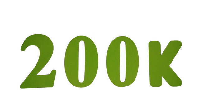 Green colored 200k text sign representing social media follower milestone count isolated on transparent background