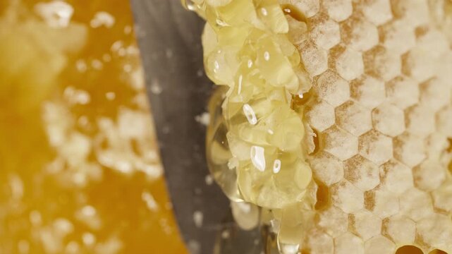 Apiarist Unseal Honeycomb Frame With Knife. Organic Honey Flows, Tasty Process. Cutting sealed honeycombs. Production, apiary