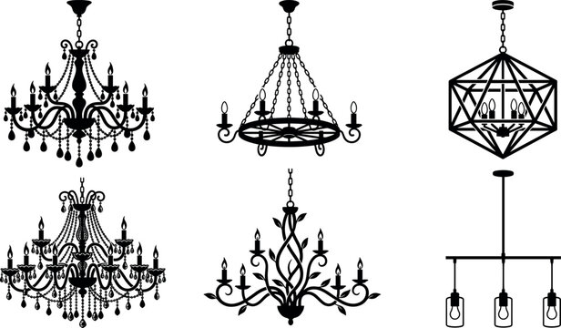 Vintage and modern chandelier silhouette vector set featuring crystal pendants geometric cage and industrial linear lamps