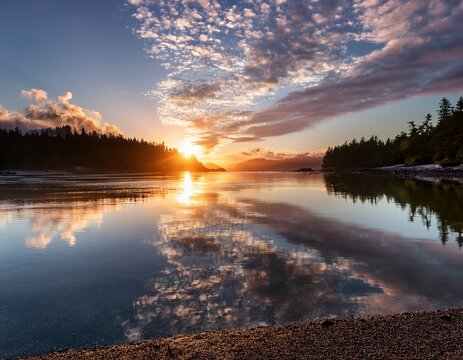 amazing sunrise cloud reflection along the ocean in kye bay on vancouver island british columbia canada