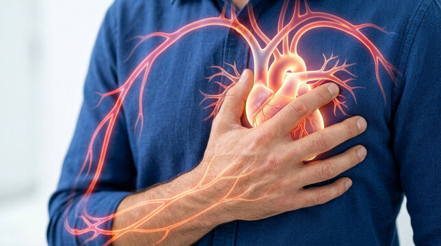 Man clutching chest with glowing heart and arteries - medical concept