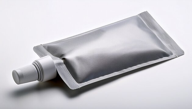 light gray flexible pouch with a screw on cap and a spout on a plain white studio background