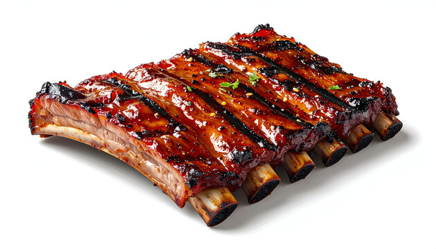 Succulent barbecue pork ribs coated in a shiny caramelized sticky dark glaze resting on a white surface