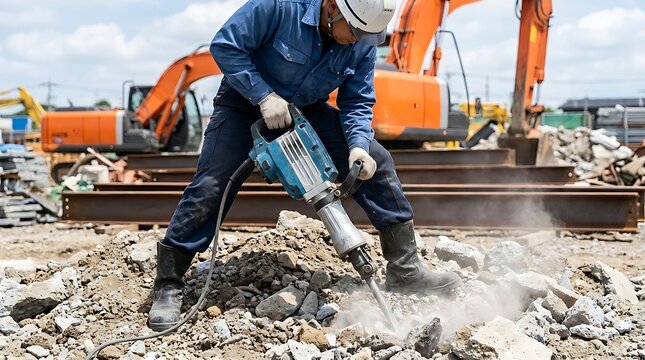 Construction worker using jackhammer on rubble demolition