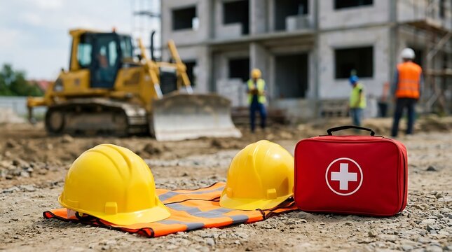 Construction safety gear with first aid kit on site