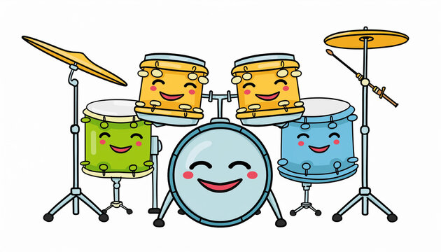 Smiling cartoon drum set with cymbals.