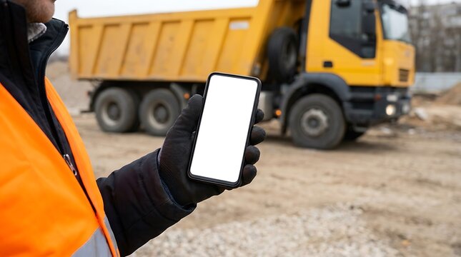 Construction worker holding smartphone with yellow dump truck in background