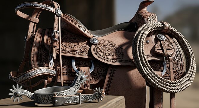 Western horse saddle with spurs and rope in sunlight