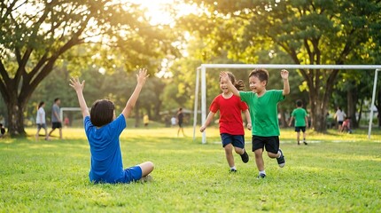 Fototapeta premium Children playing soccer in a sunny park kids