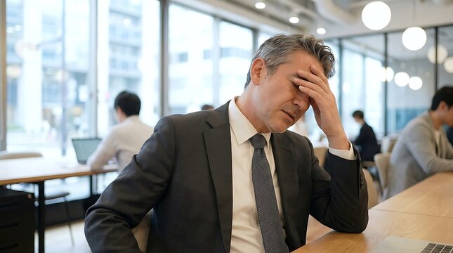 Businessman in suit holding head in office desk