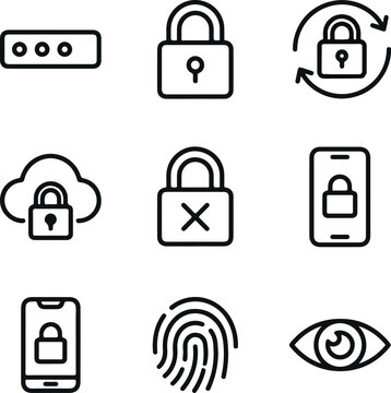 Collection of cybersecurity and digital privacy icons featuring locks, cloud, mobile, and biometric elements