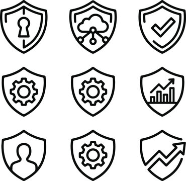 Set of shield icons representing security, protection, and data management, linear style