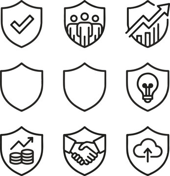 Set of shield icons with various business and security symbols