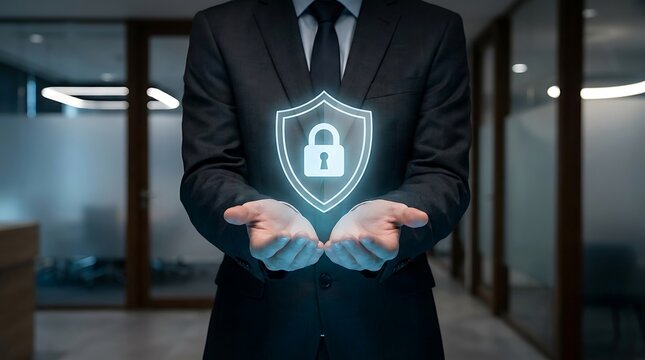 Businessman holding glowing digital shield with lock