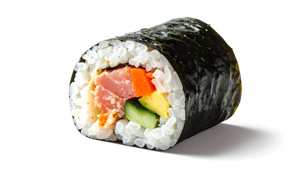 A thick uncut kimbap sushi roll wrapped in dark nori seaweed packed with salmon avocado and cucumber