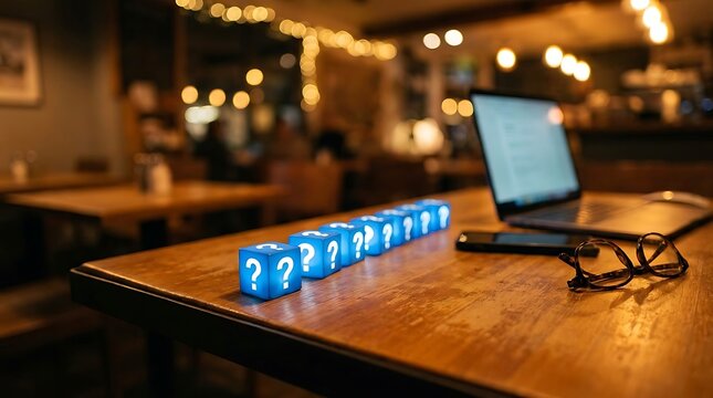 Blue question mark cubes on wooden table with laptop