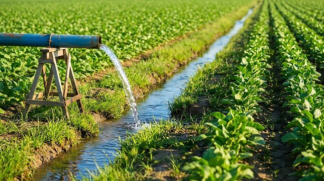 Blue irrigation pipe watering green crop field agriculture