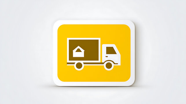 Delivery truck with house symbol on yellow background, a minimalist icon representing moving services, shipping, or real estate logistics
