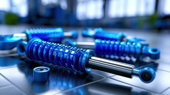 Blue coilover springs and components on reflective metal surface in automotive workshop setting