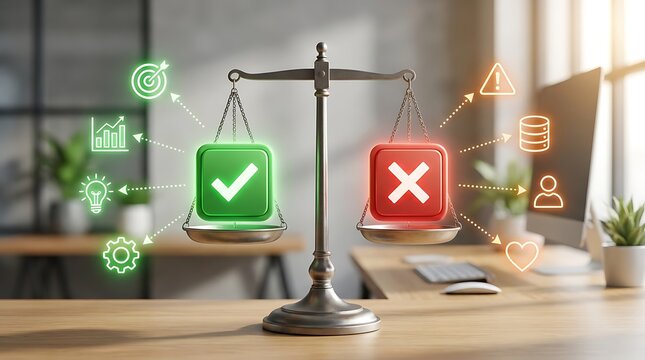 Balanced scale with green checkmark and red cross, office setting
