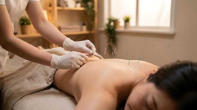 Acupuncture treatment on person's back with needles