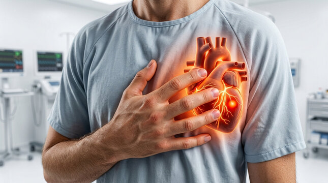 Man holding chest with glowing heart symbol, medical healthcare concept.