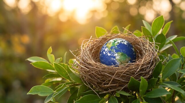 Bird nest holding earth globe in nature green leaves
