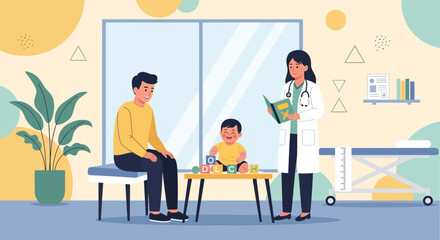 Fototapeta premium Pediatrician examining happy baby with father in clinic room