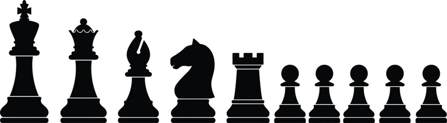 Black Chess Piece Silhouette Vector Icon Set Featuring King Queen Bishop Knight Rook and Pawns for Strategy Board Game Tournaments and Corporate Management Designs © MDKAMAL