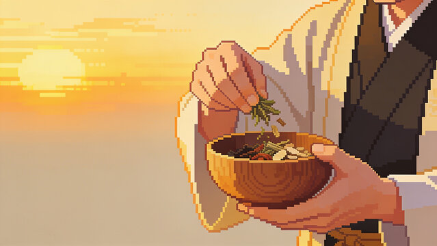 A person's hands in a pixel art illustration carefully adding healing herbs to a rustic wooden bowl.
