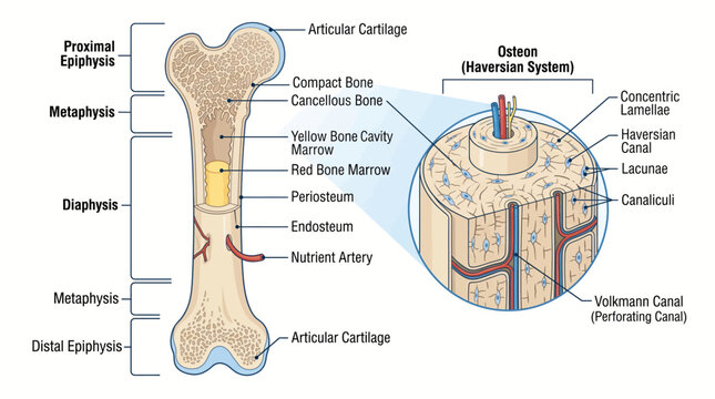 Anatomy of human long bone and microscopic osteon system diagram